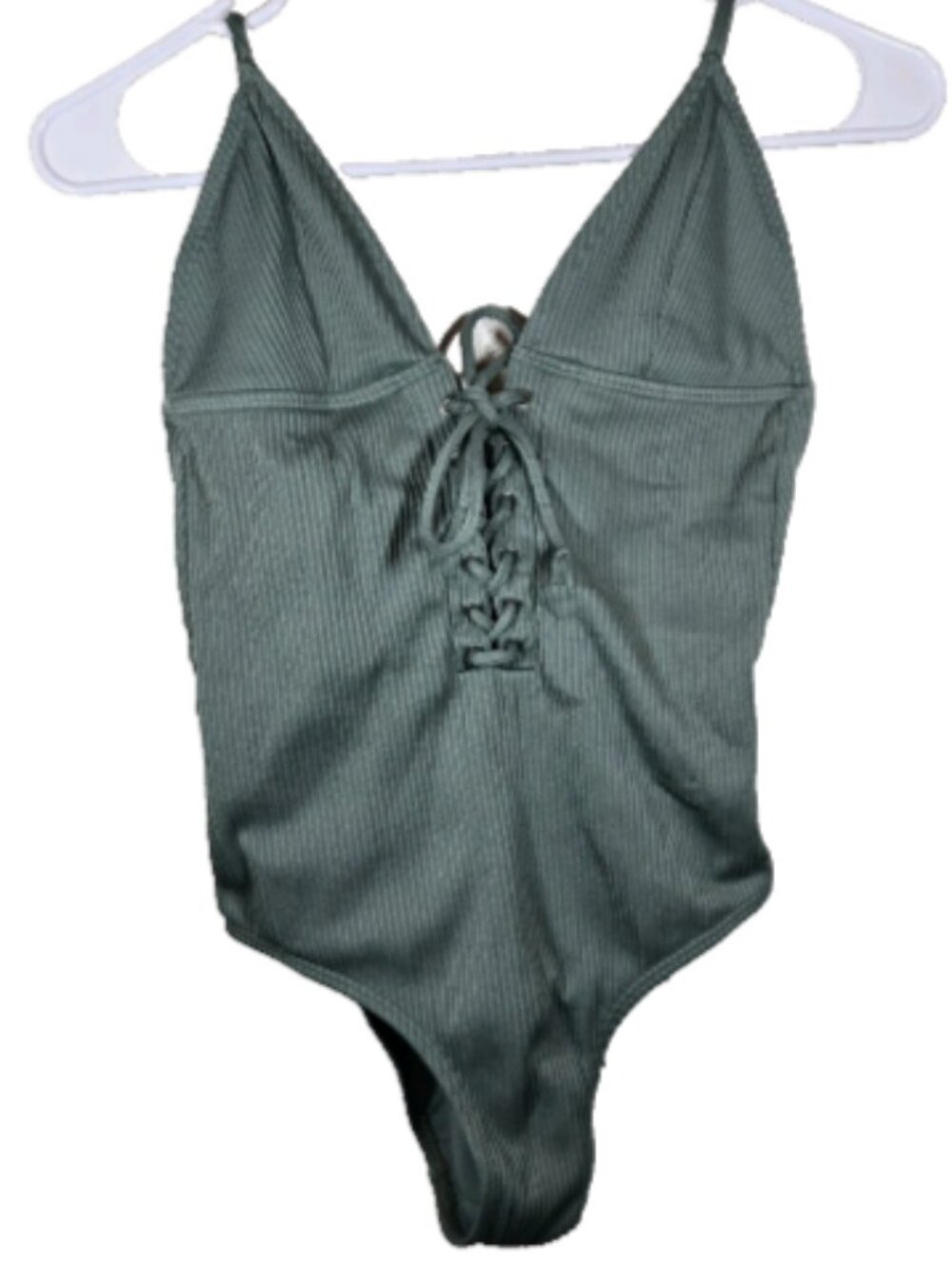 Rue Bleu Lace Up One-Piece Swimsuit SMALL Sage Green Ribbed Women's Swimwear